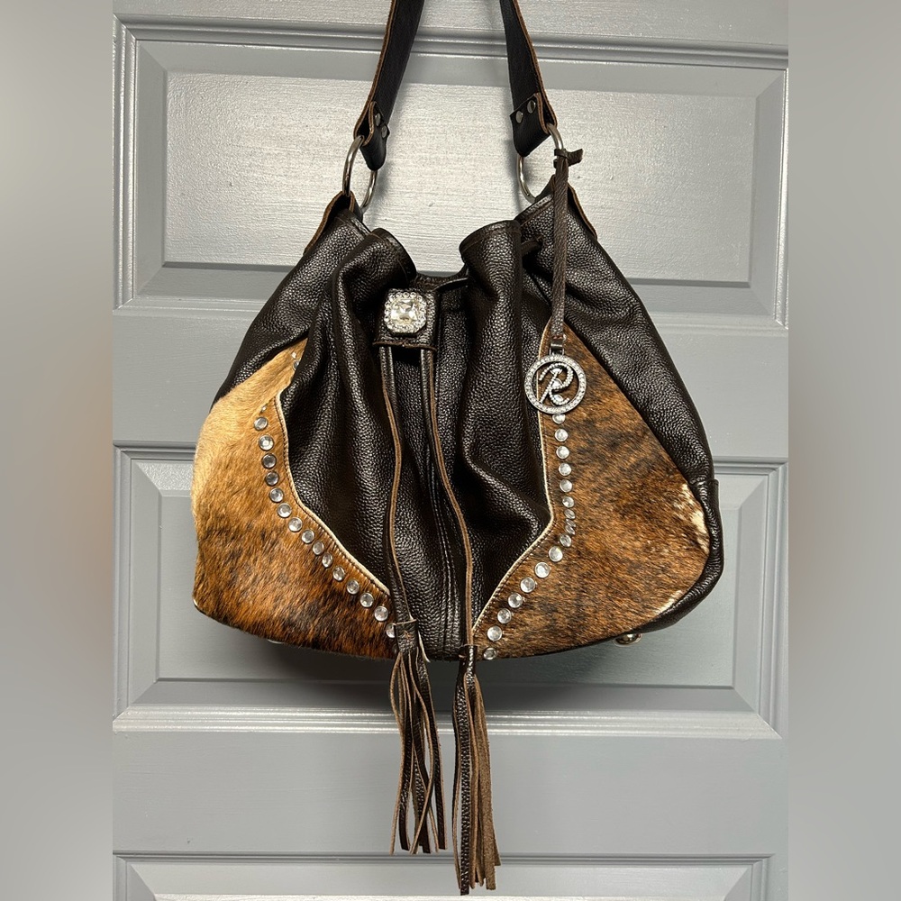 RAVIANI Swarovski Crystal studded leather and cowhide drawstring shoulder bag